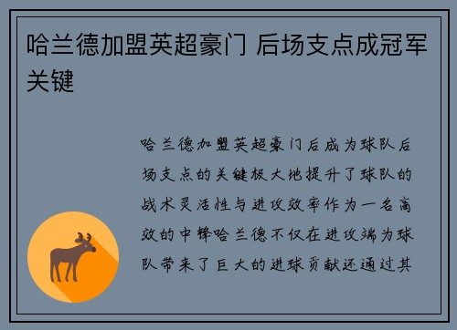 哈兰德加盟英超豪门 后场支点成冠军关键